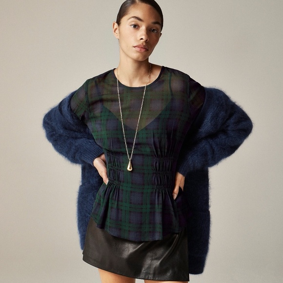 NEW!! J. CREW Chiffon Shirred-Waist Top Black Watch Tartan Plaid Copper Green 2 - Picture 5 of 14